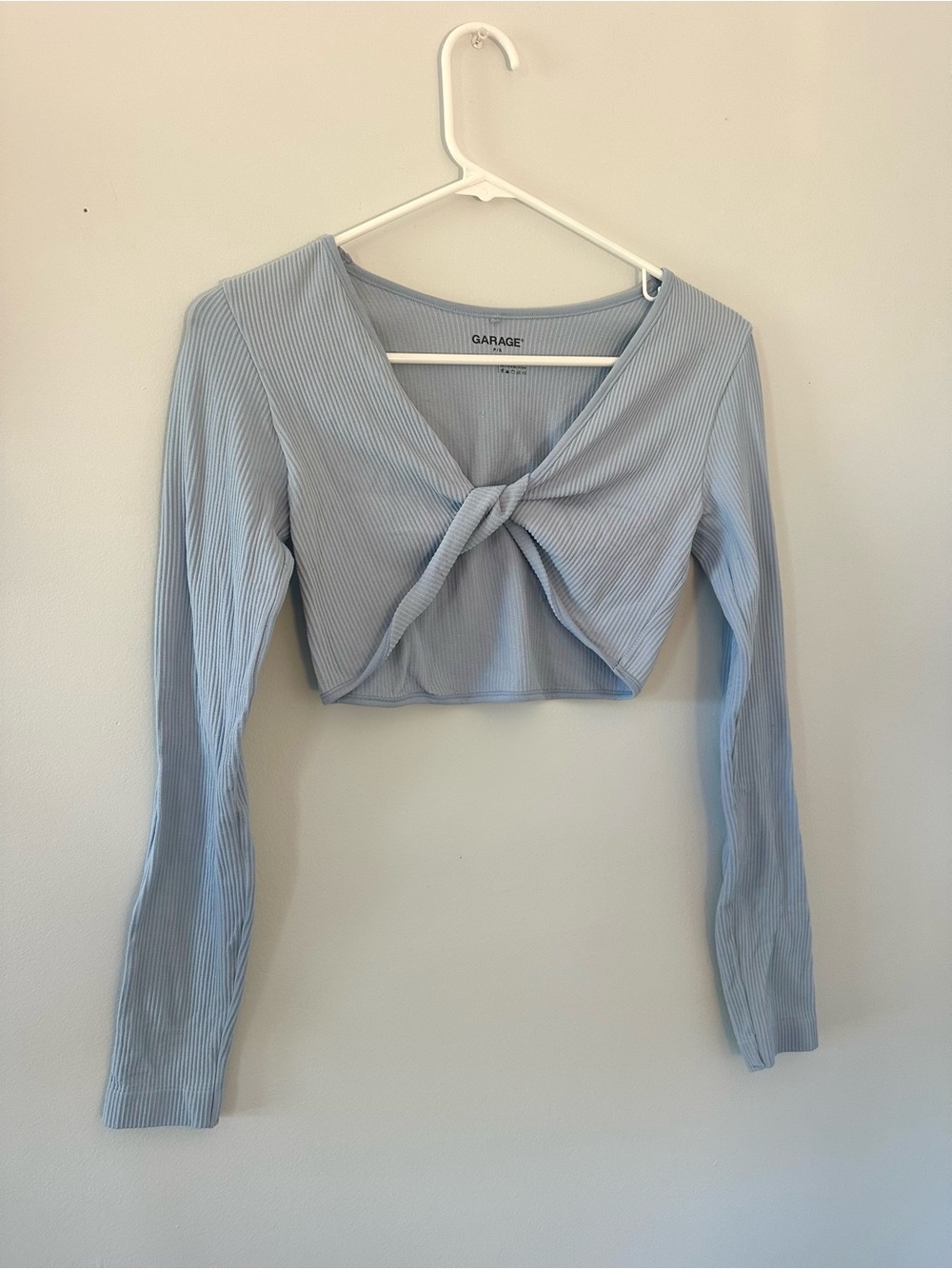 Garage Light Blue Ribbed Twist Front Long Sleeve Crop Top